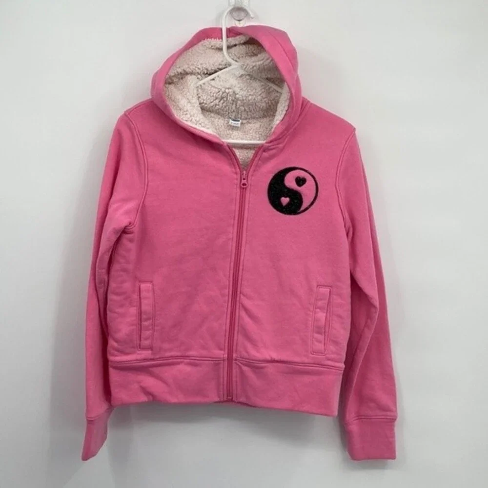 Old Navy Yin Yang Girls Pink Sherpa Lined Sweatshirt Hoodie XL 14-16 Thumb Holes